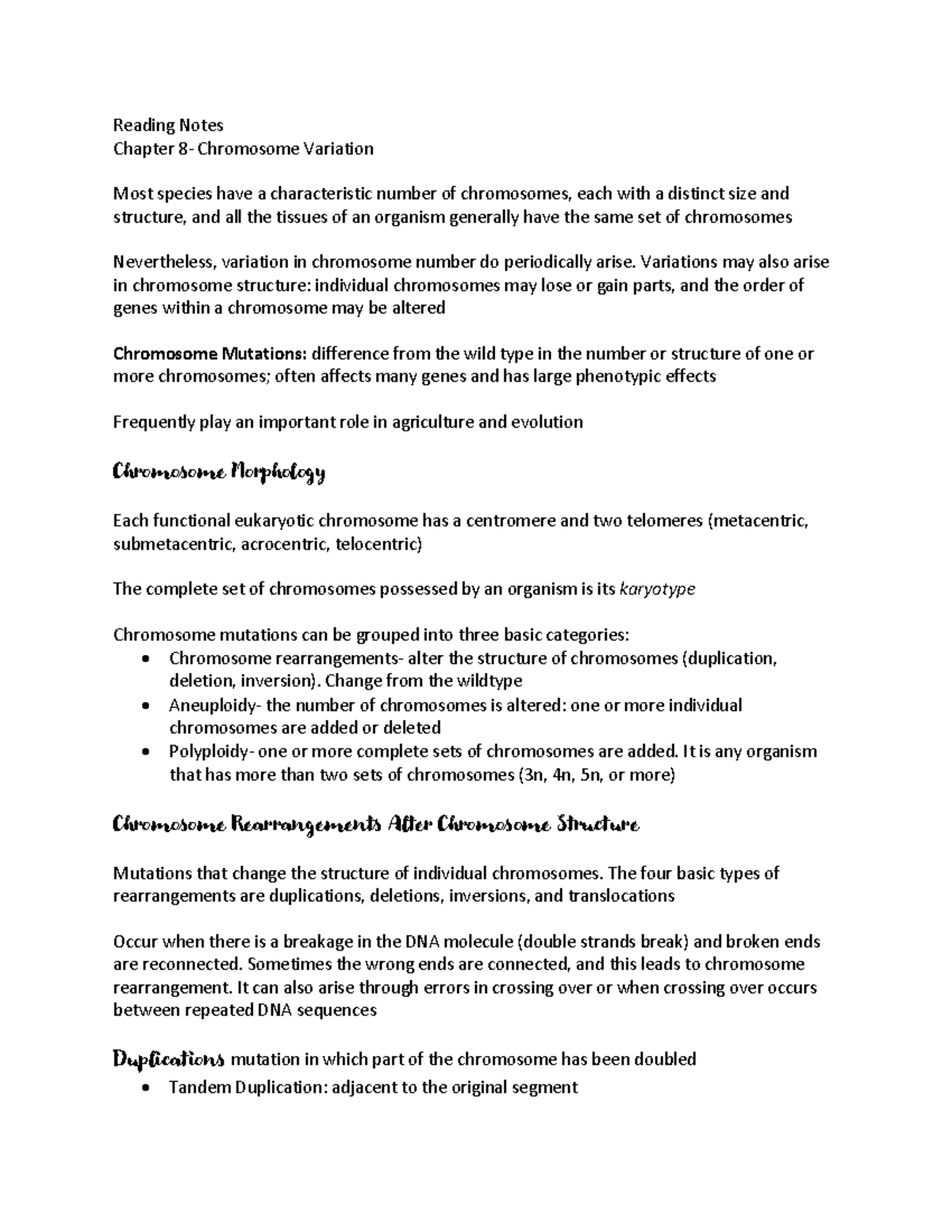 Genetics Chapter 8 - Reading Notes Chapter 8- Chromosome Variation Most ...