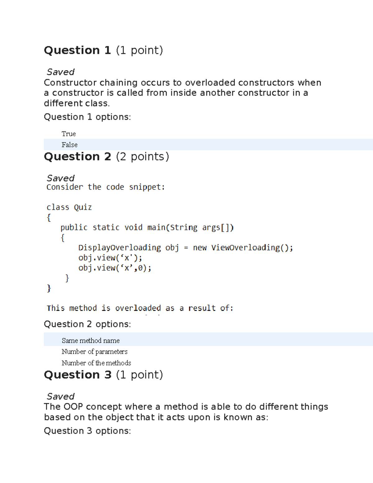 Quiz 1 - Hybrid - Question 1 (1 point) Saved Constructor chaining ...