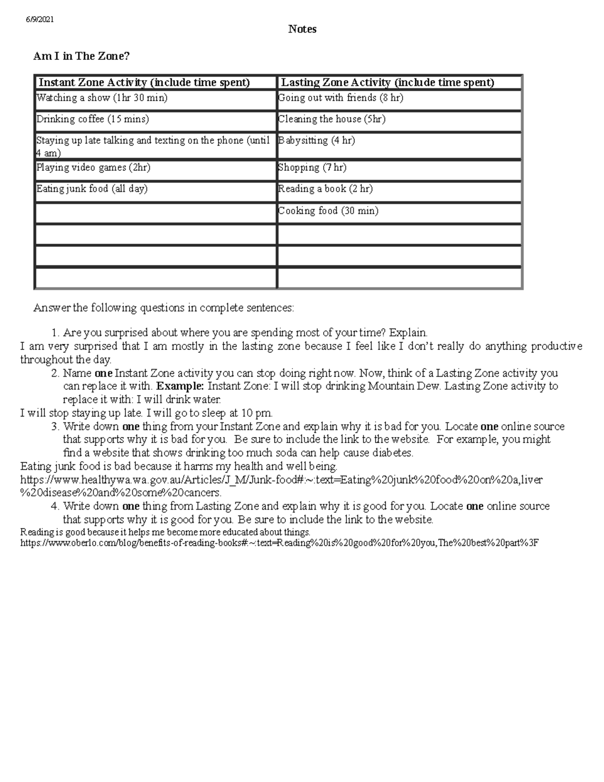 peer counseling chart 6/9/ Notes Am I in The Zone? Instant Zone