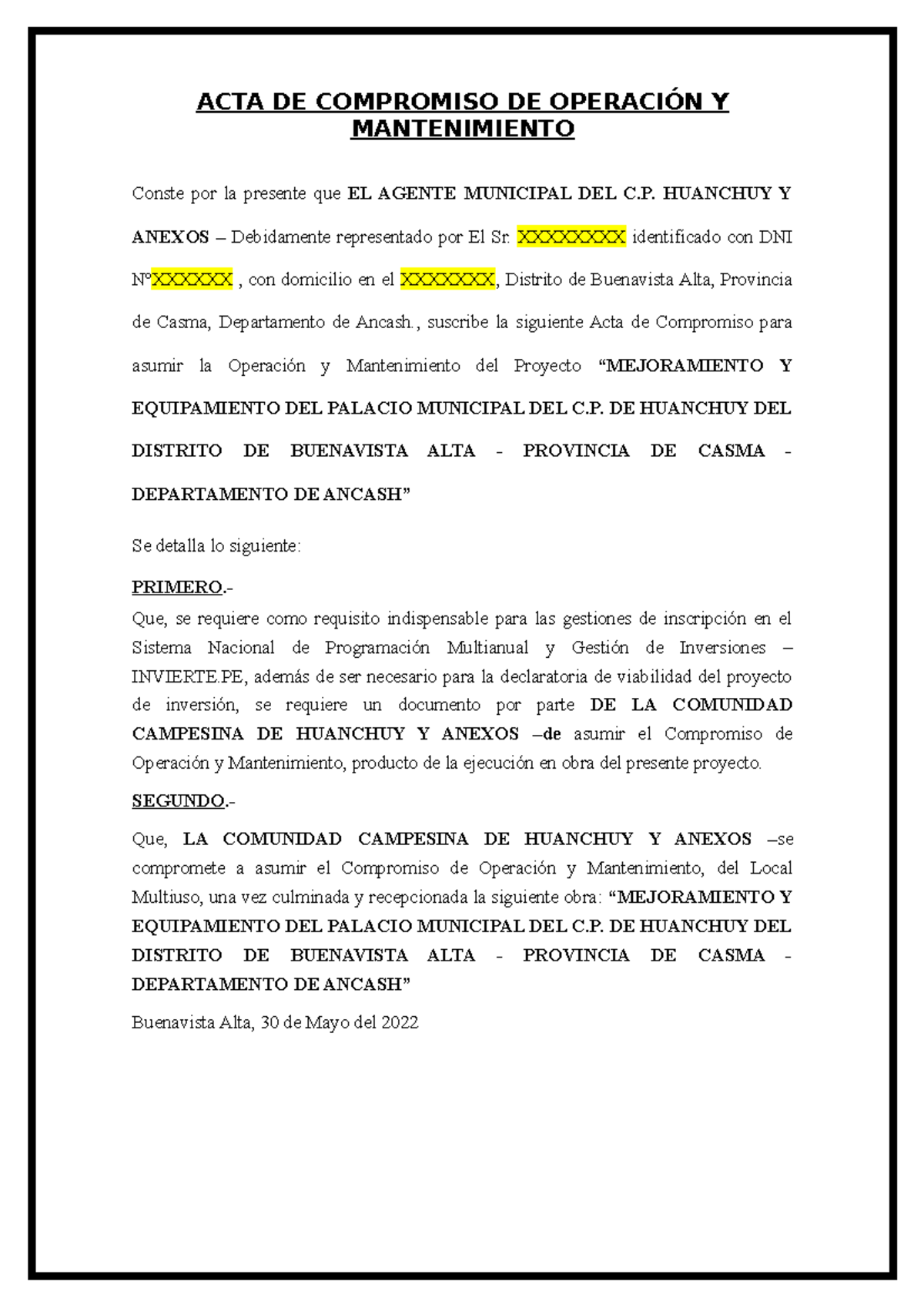 ACTA DE Compromiso DE Operacion Y Mantenimiento - Palacio Municipal ...