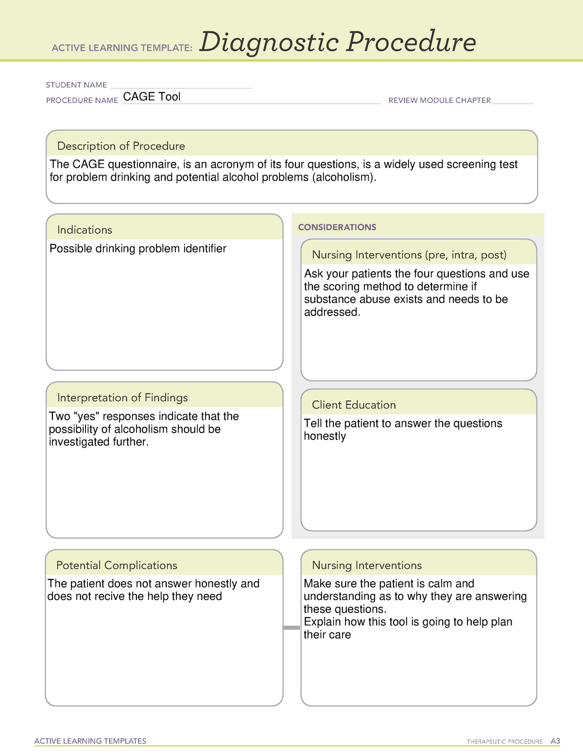 Active Learning Template Diagnostic Procedure form CAGE 2 ACTIVE