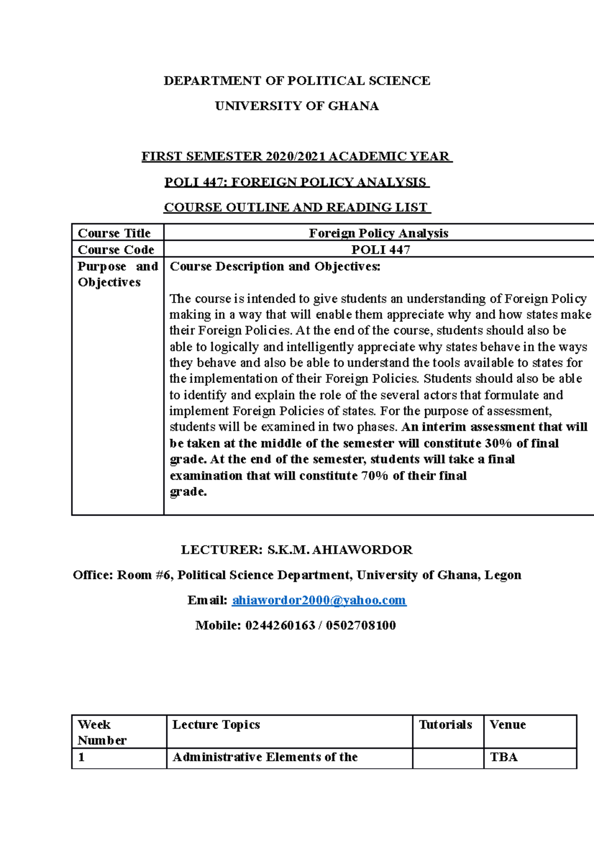 Foreign Policy Analysis Course Outline And Notes - DEPARTMENT OF ...