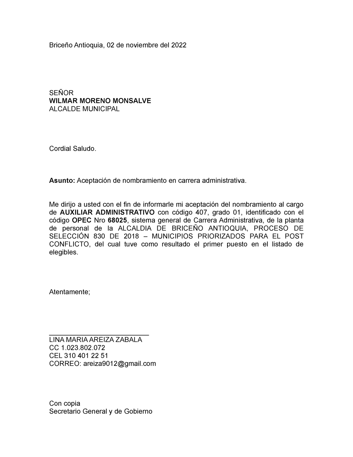 Carta de Aceptacion - excelente documento - Briceño Antioquia, 02 de  noviembre del 2022 SEÑOR WILMAR - Studocu