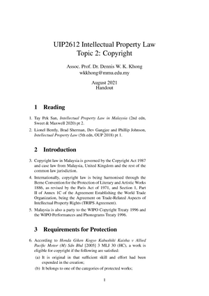 Uip2612 Topic 2 Copyright Handout Uip2612 Intellectual Property Law Topic 2 Copyright Studocu