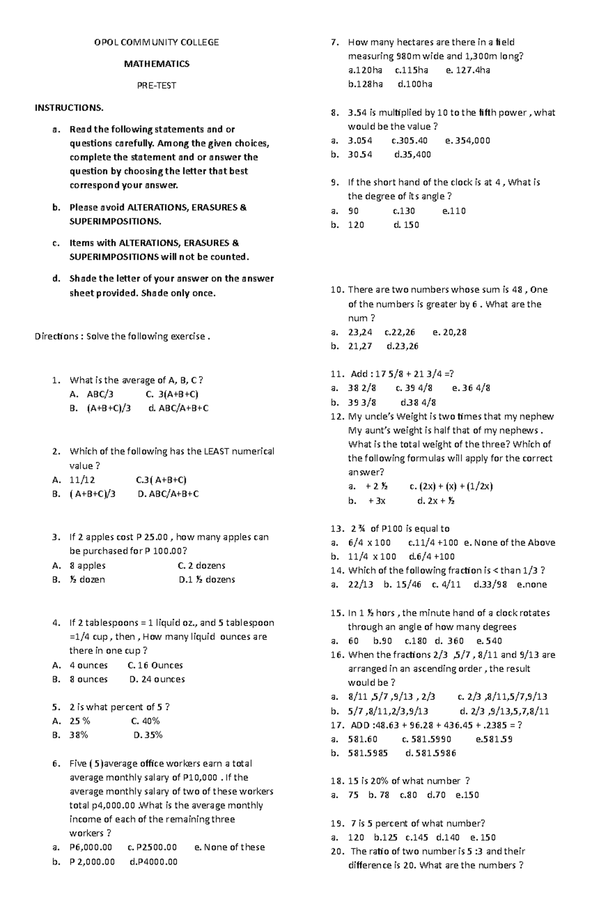 Mathematics pre test Answer KEY - OPOL COMMUNITY COLLEGE MATHEMATICS ...