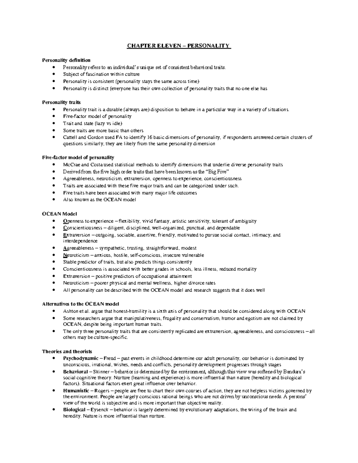 Chapter Eleven - psych notes for personality - CHAPTER ELEVEN ...