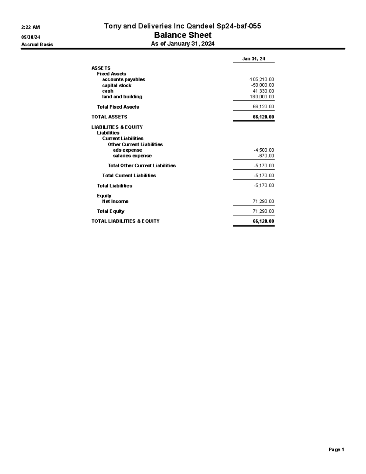 Balance sheet - Jan 31, 24 ASSETS Fixed Assets accounts payables ...