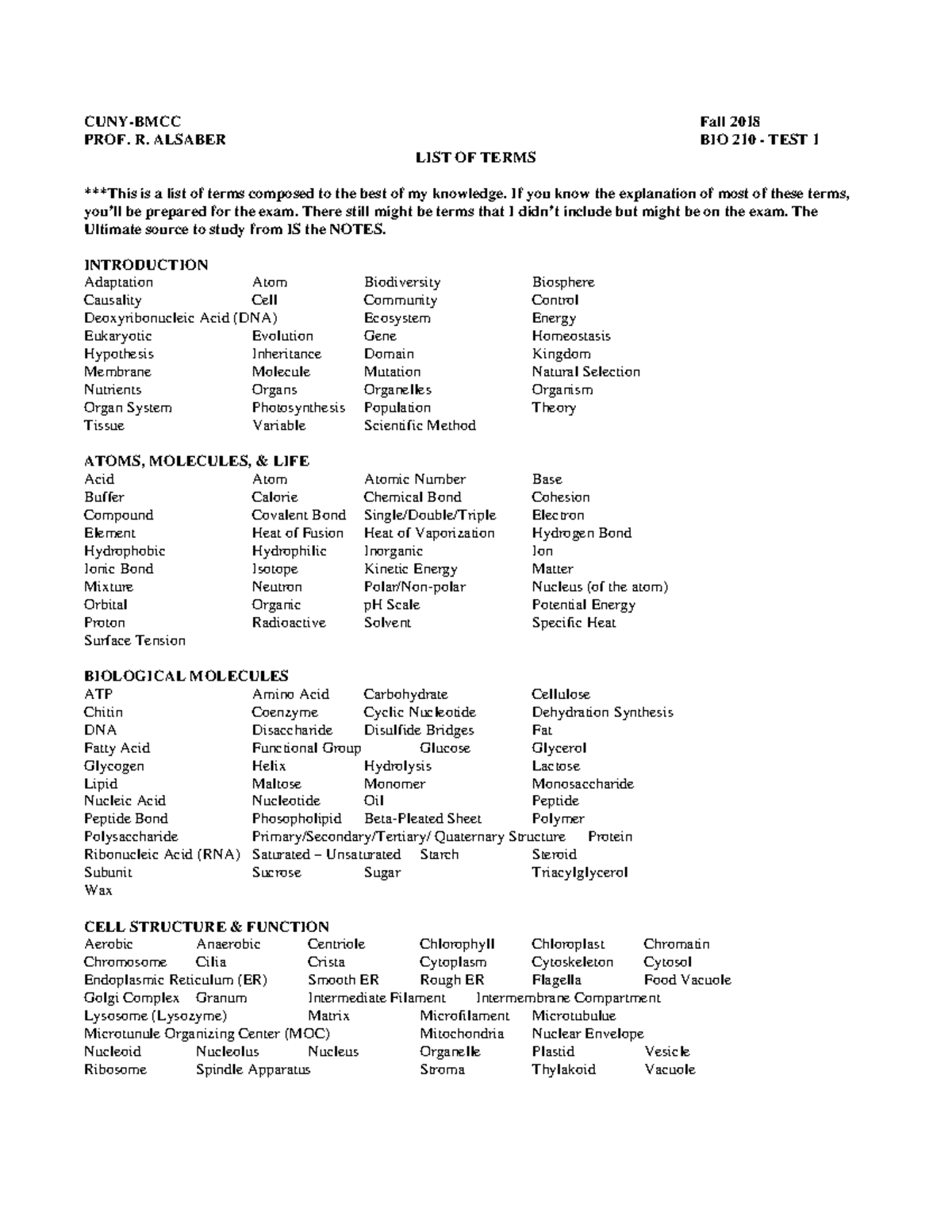 BIO210 TEST 1 LIST - Summarize These Concepts - BIO 210 - BMCC - Studocu