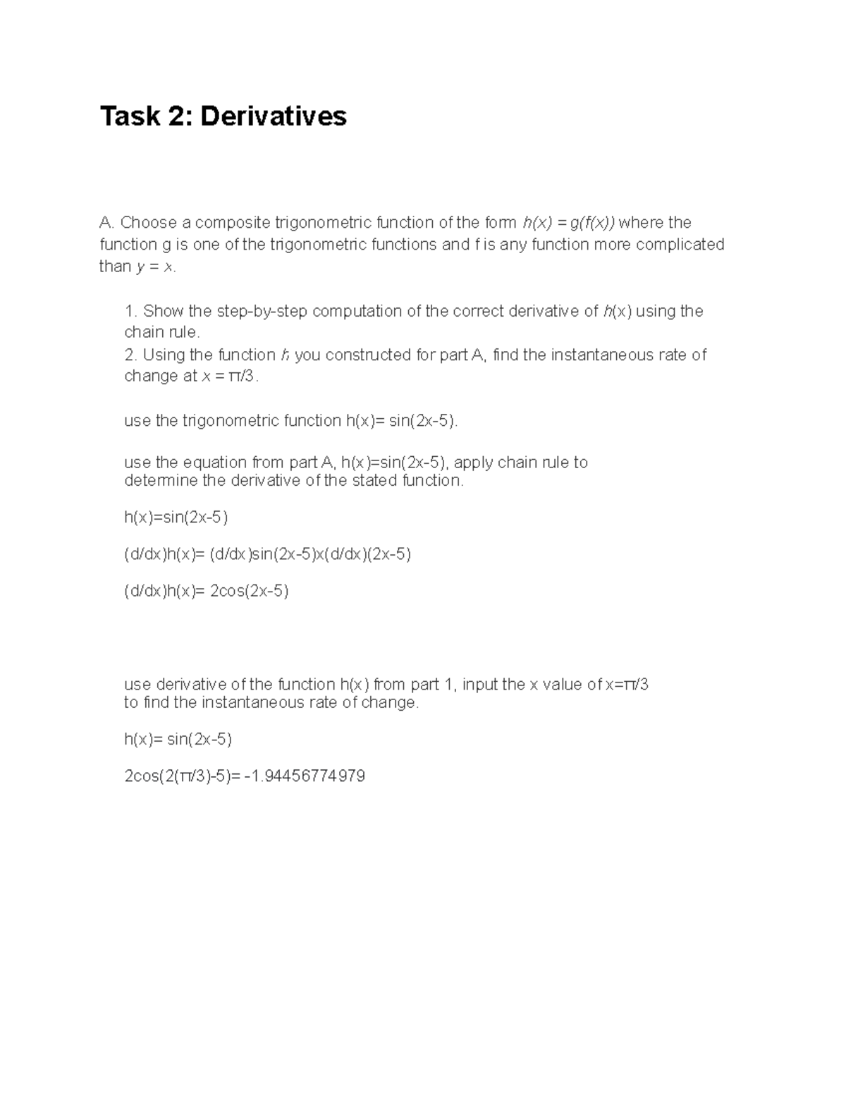 Task 2 Derivatives - Calculus Task 2 - Task 2: Derivatives A. Choose A ...