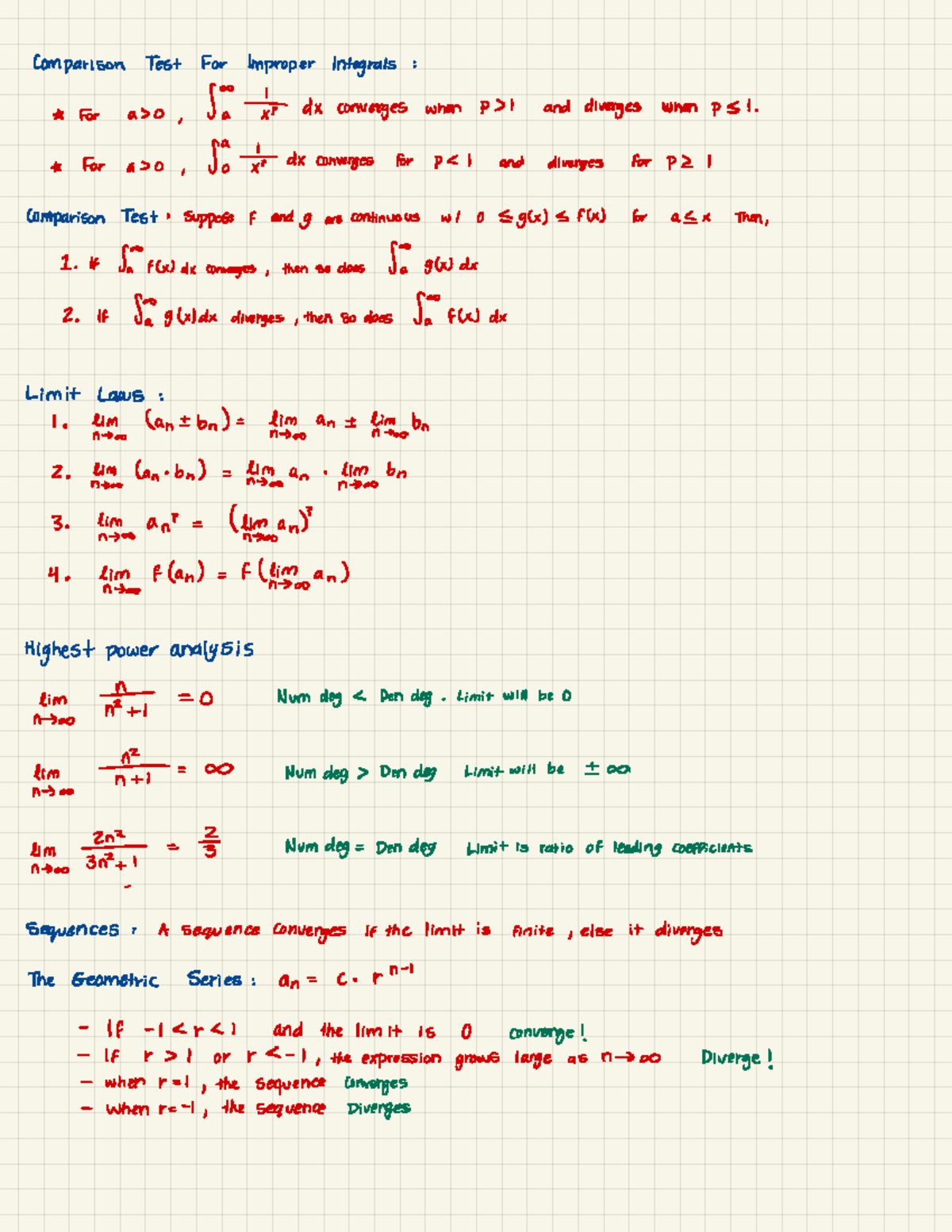 Important Formulas - Comparison Test For Improper Integrals : ☆ For a ...