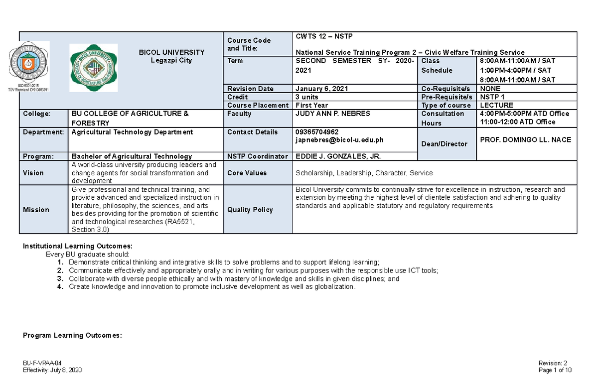 Syllabus FOR 2ND Semester - BICOL UNIVERSITY Legazpi City Course Code ...