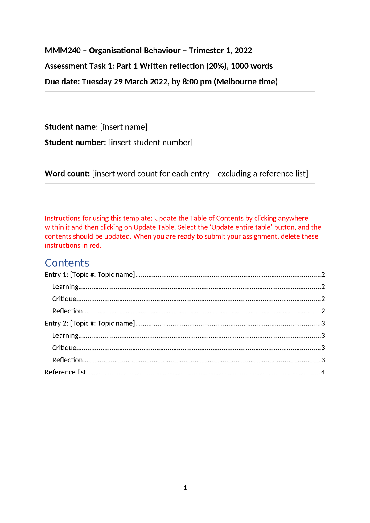 Assessment 1 Part 1 Template T1-2022 - Tagged - MMM240 – Organisational ...