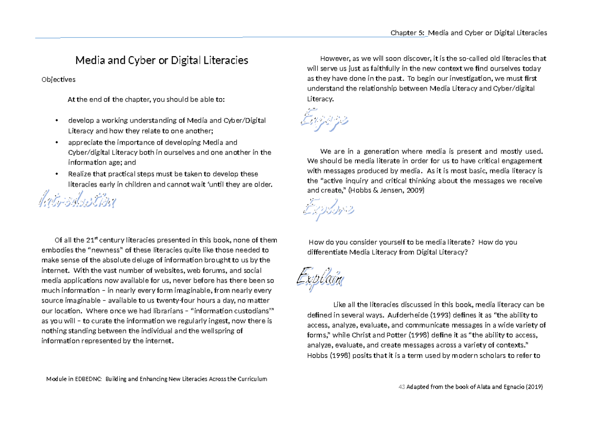 Chapter 5 Media and Cybeer or Digital Literacies - Media and Cyber or ...
