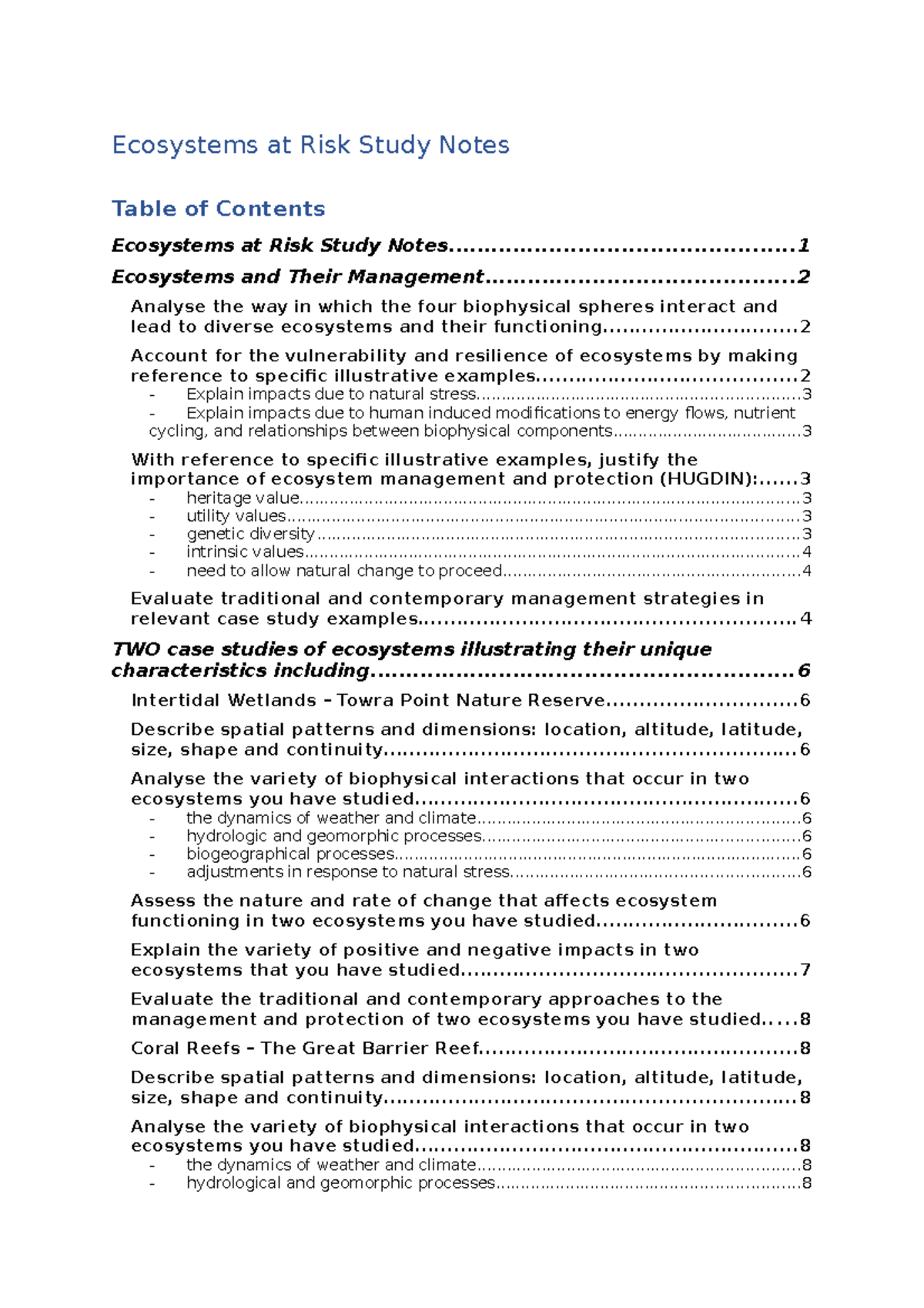 Ecosystems at Risk Study Notes copy - Ecosystems at Risk Study Notes ...