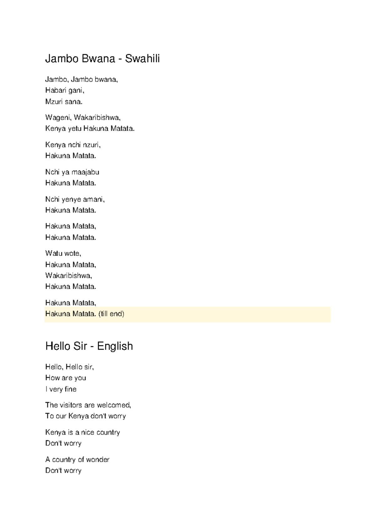 Jambo Jambo Bwana Text Jambo-Bwana-Lyrics - Physiological counselling - Jambo Bwana - Swahili