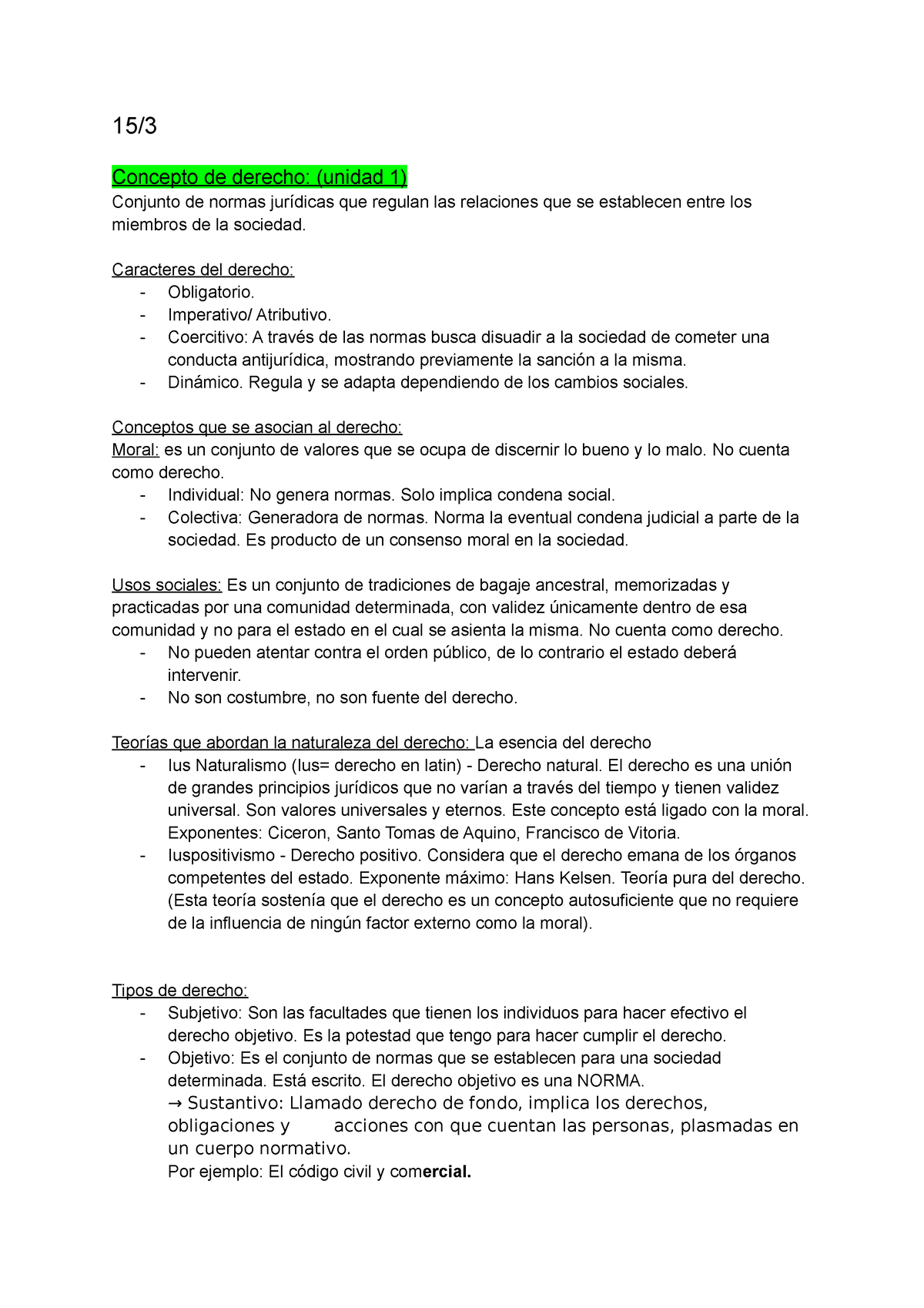 Resumen Derecho Primer Parcial - 15/ Concepto De Derecho: (unidad 1 ...