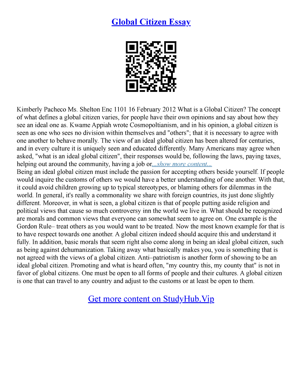 what is global citizenship essay brainly