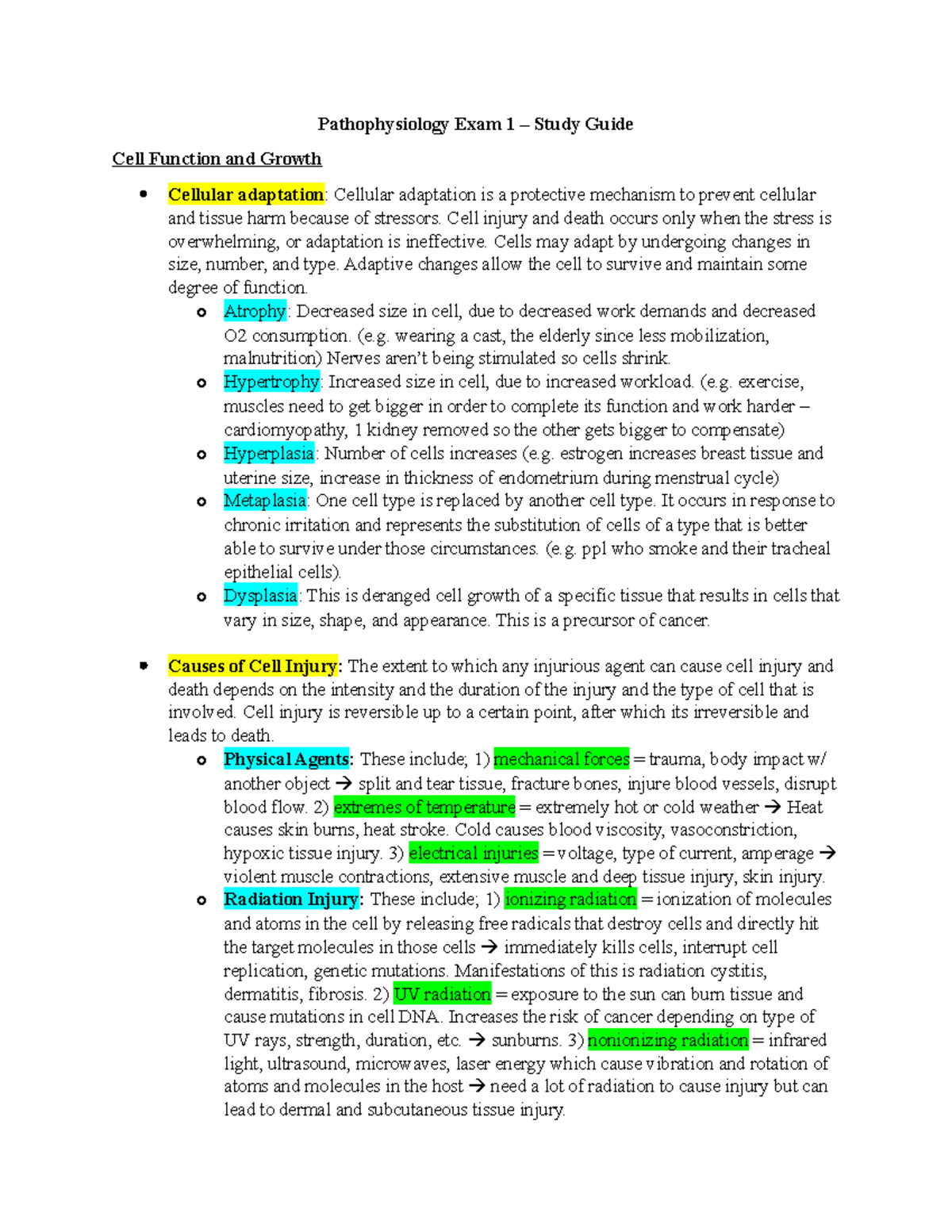 Patho Study Guide - Pathophysiology Exam 1 – Study Guide Cell Function ...