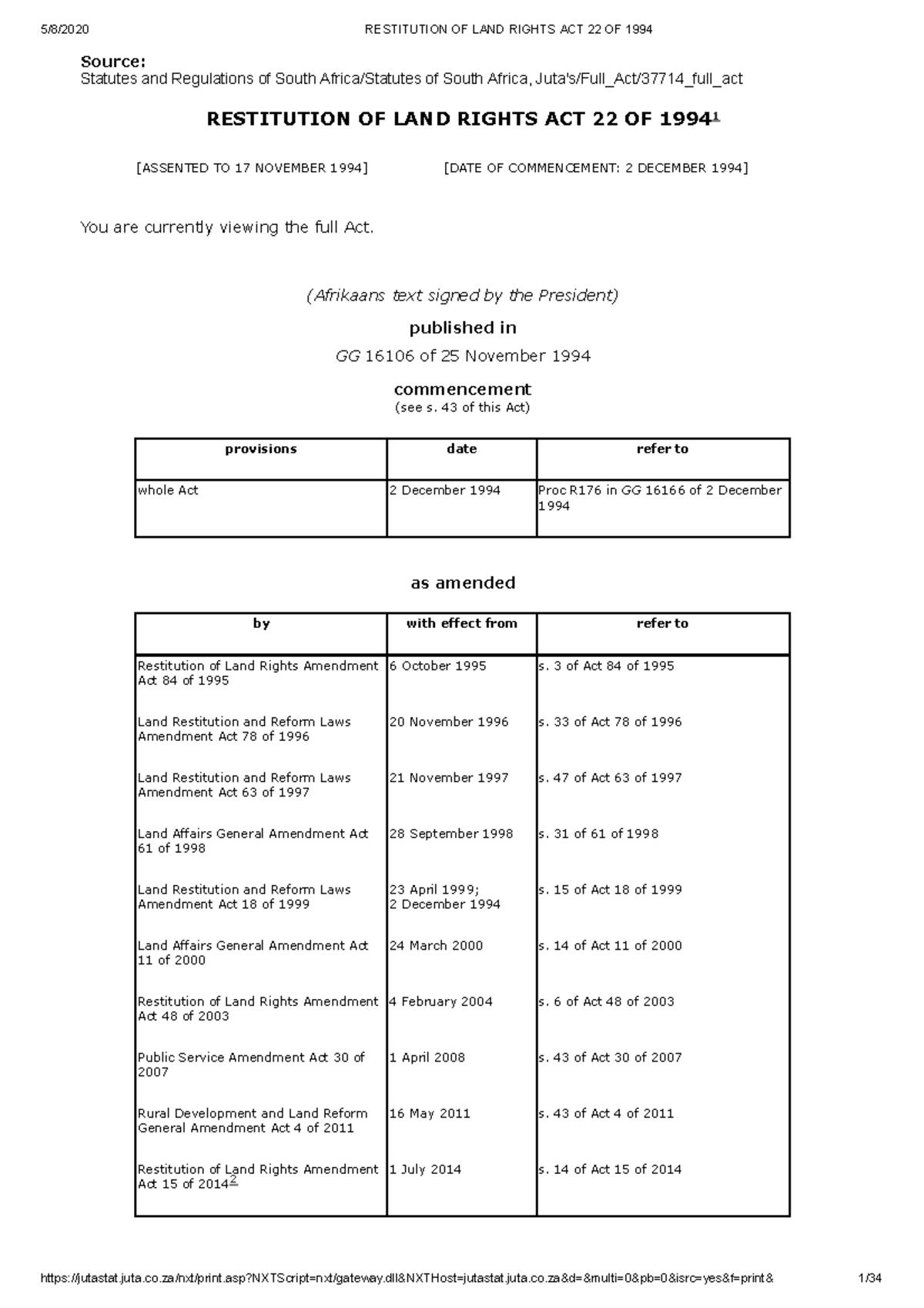 Restitution OF LAND Rights ACT 22 OF 1994 Source Statutes and