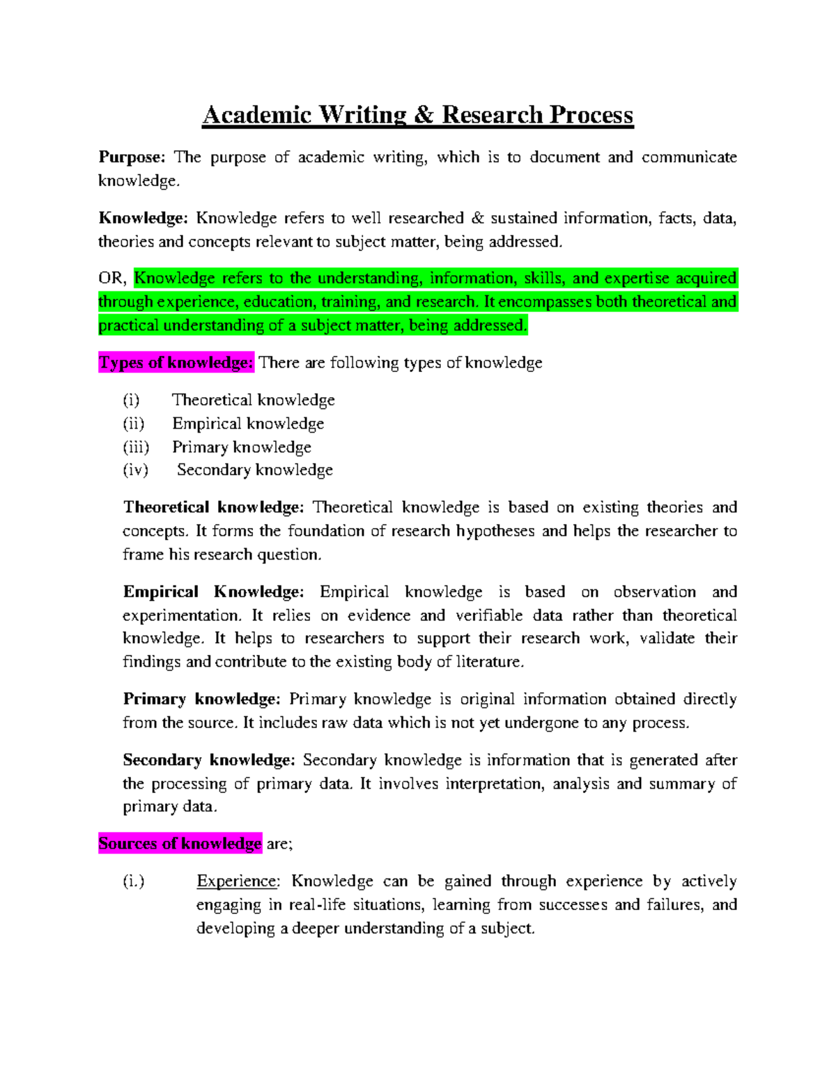 Academic Writing Notes - Academic Writing & Research Process Purpose ...