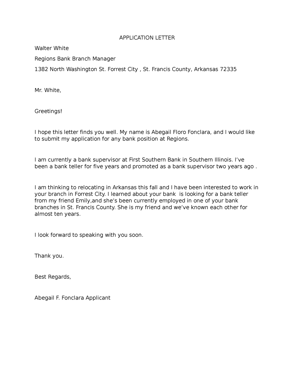 ABBY Application Letter - APPLICATION LETTER Walter White Regions Bank ...