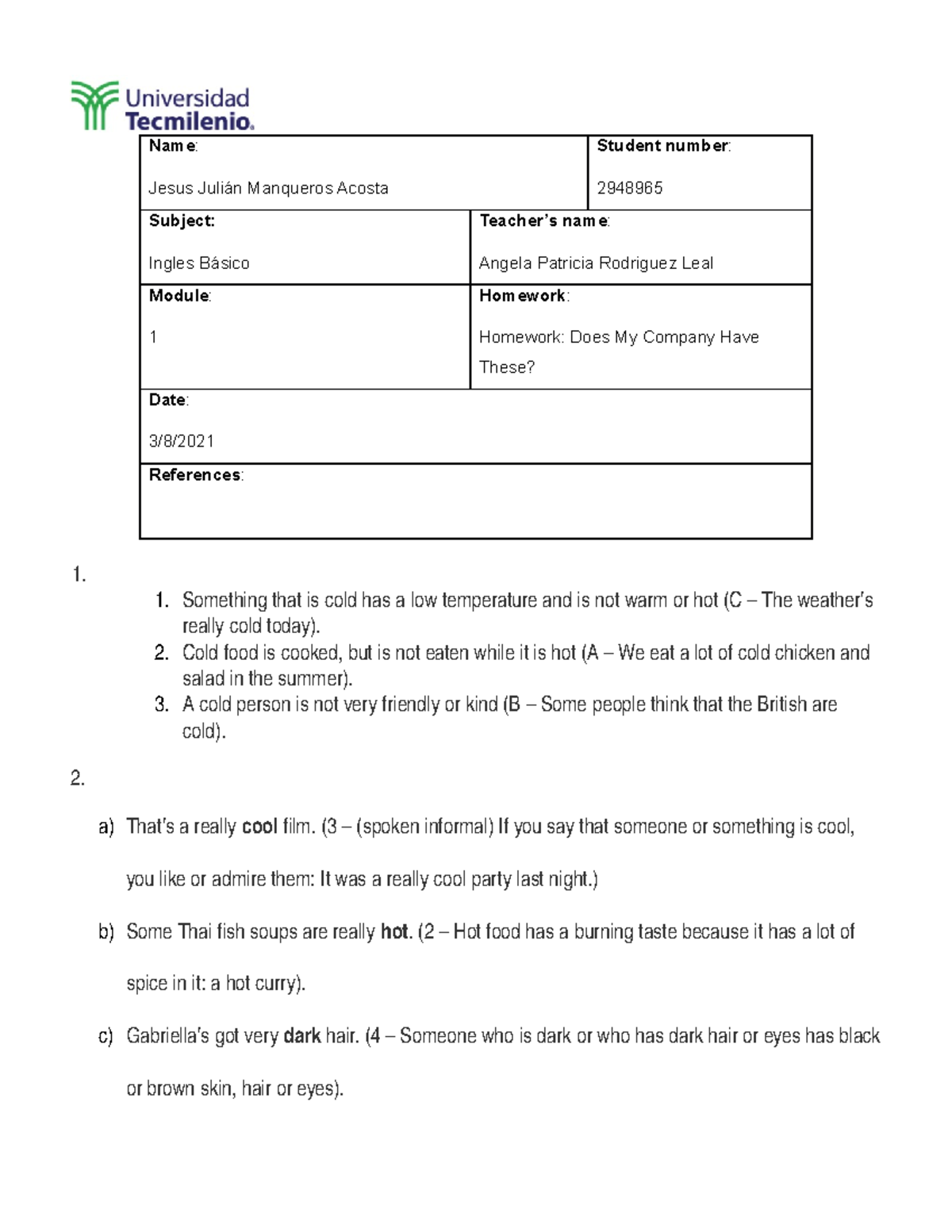 Tarea 1 ingles basico - TecMilenio - Studocu