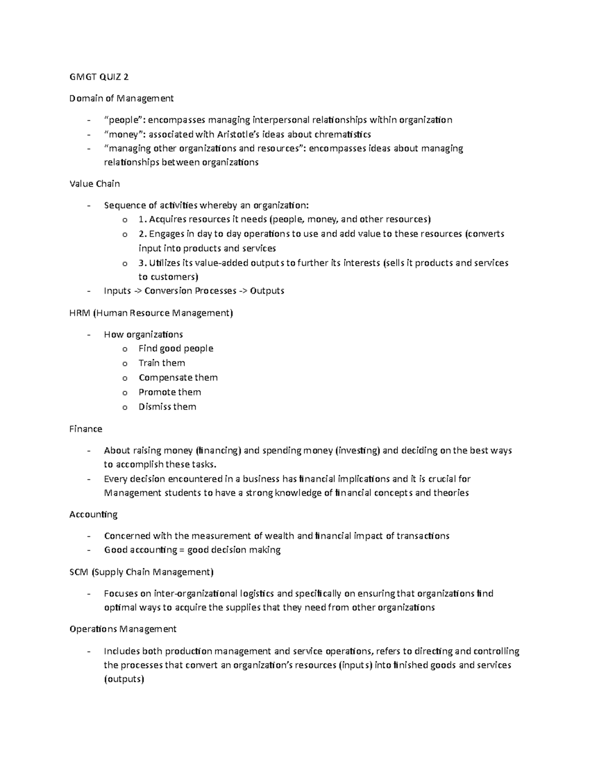 GMGT QUIZ 2 Notes - GMGT QUIZ 2 Domain of Management “people ...