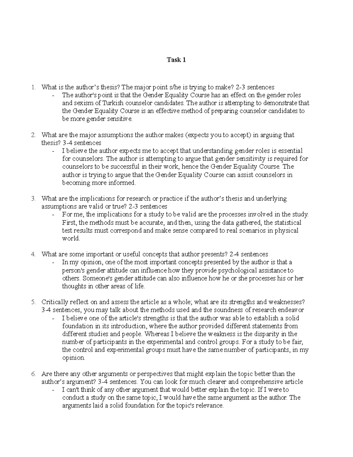 Task - additional task - Task 1 What is the author’s thesis? The major ...