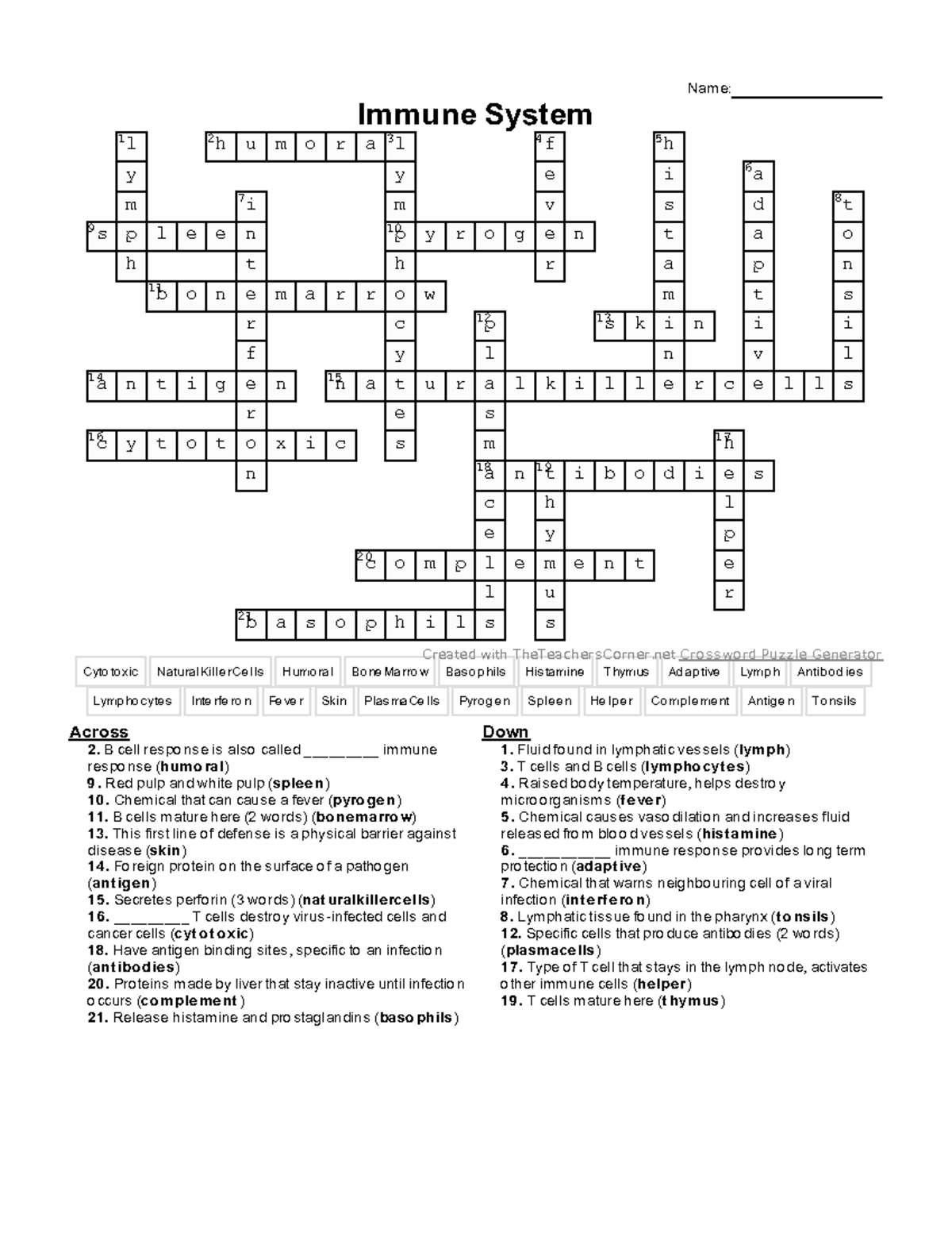 Immune System Crossword Answers Name Immune System 1 2 L H U M O R A 