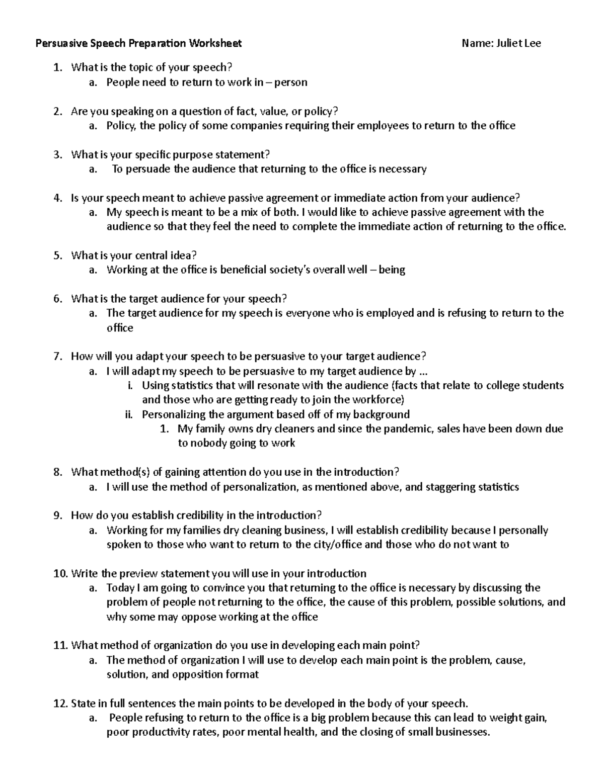 Persuasive Speech Preparation Sheet - People need to return to work in ...