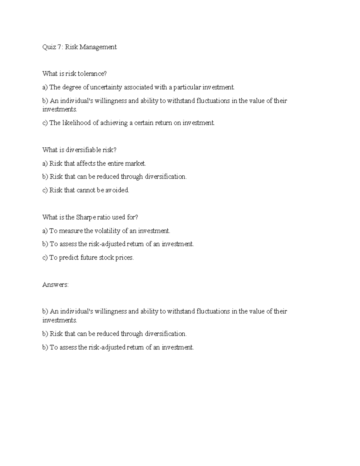 Risk Management Quiz - Quiz on Risks - Quiz 7: Risk Management What is ...