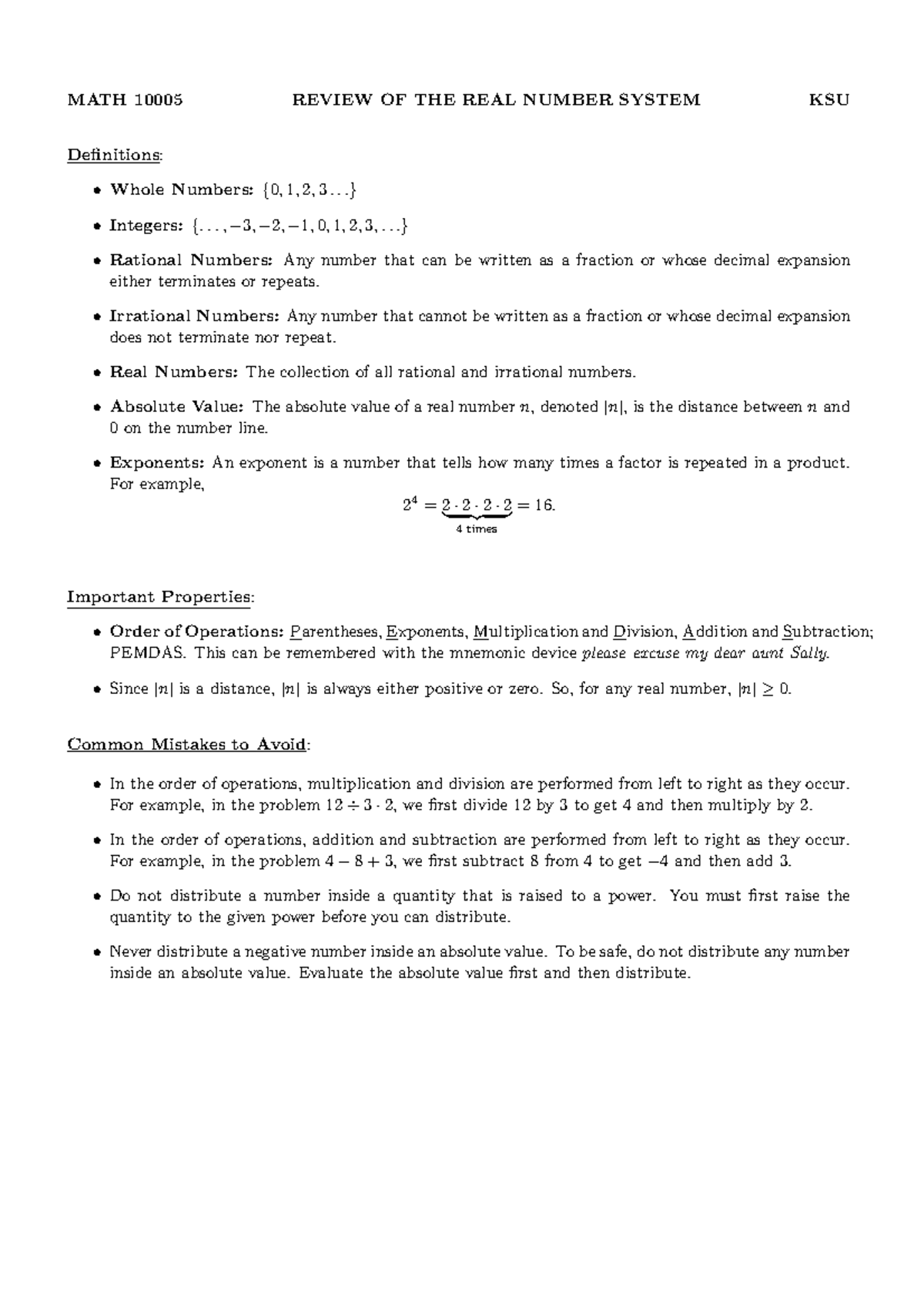 Review Of The Real Number System MATH 10005 REVIEW OF THE REAL NUMBER