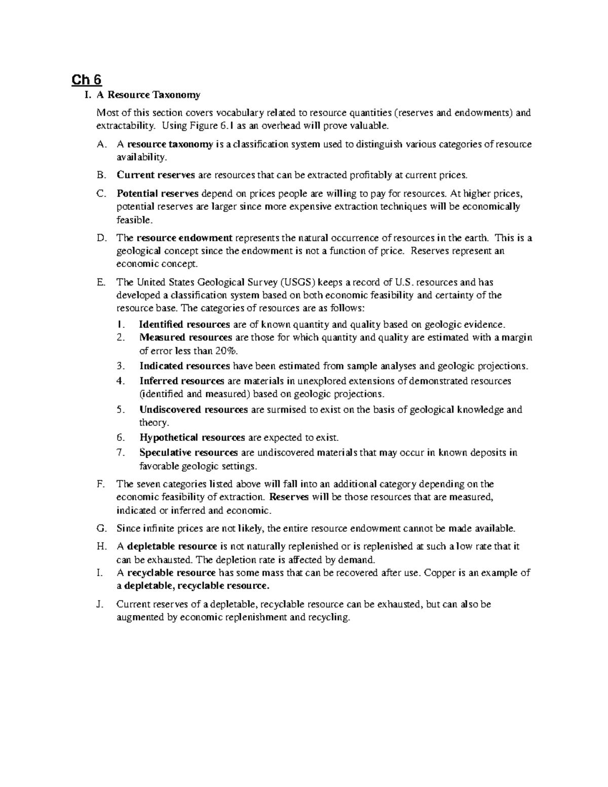 Notes for chapters 6, 8, 9,17, 13 - Ch 6 I. A Resource Taxonomy Most of ...