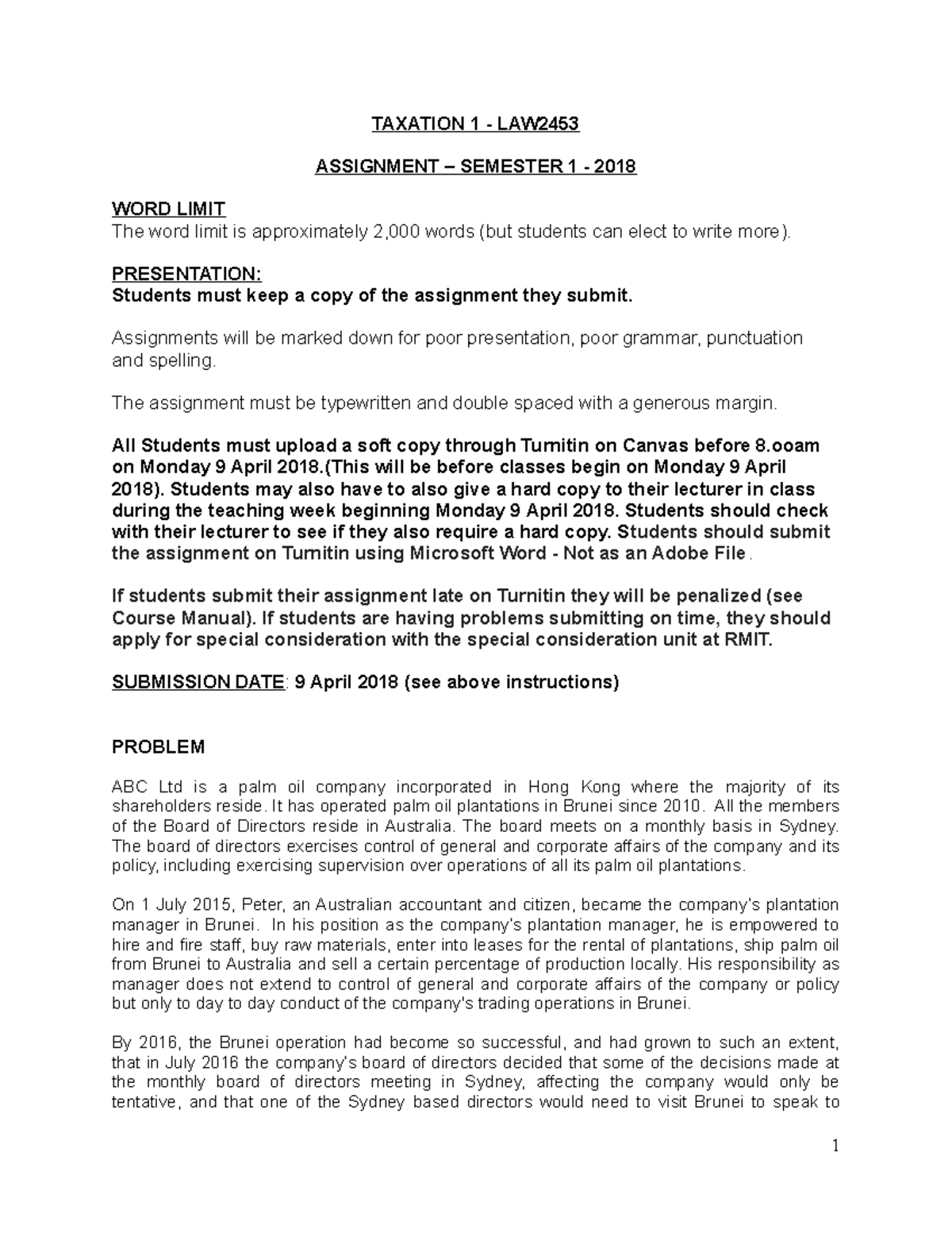 Assignment Tax 1 - 2018 - TAXATION 1 - LAW ASSIGNMENT – SEMESTER 1 ...