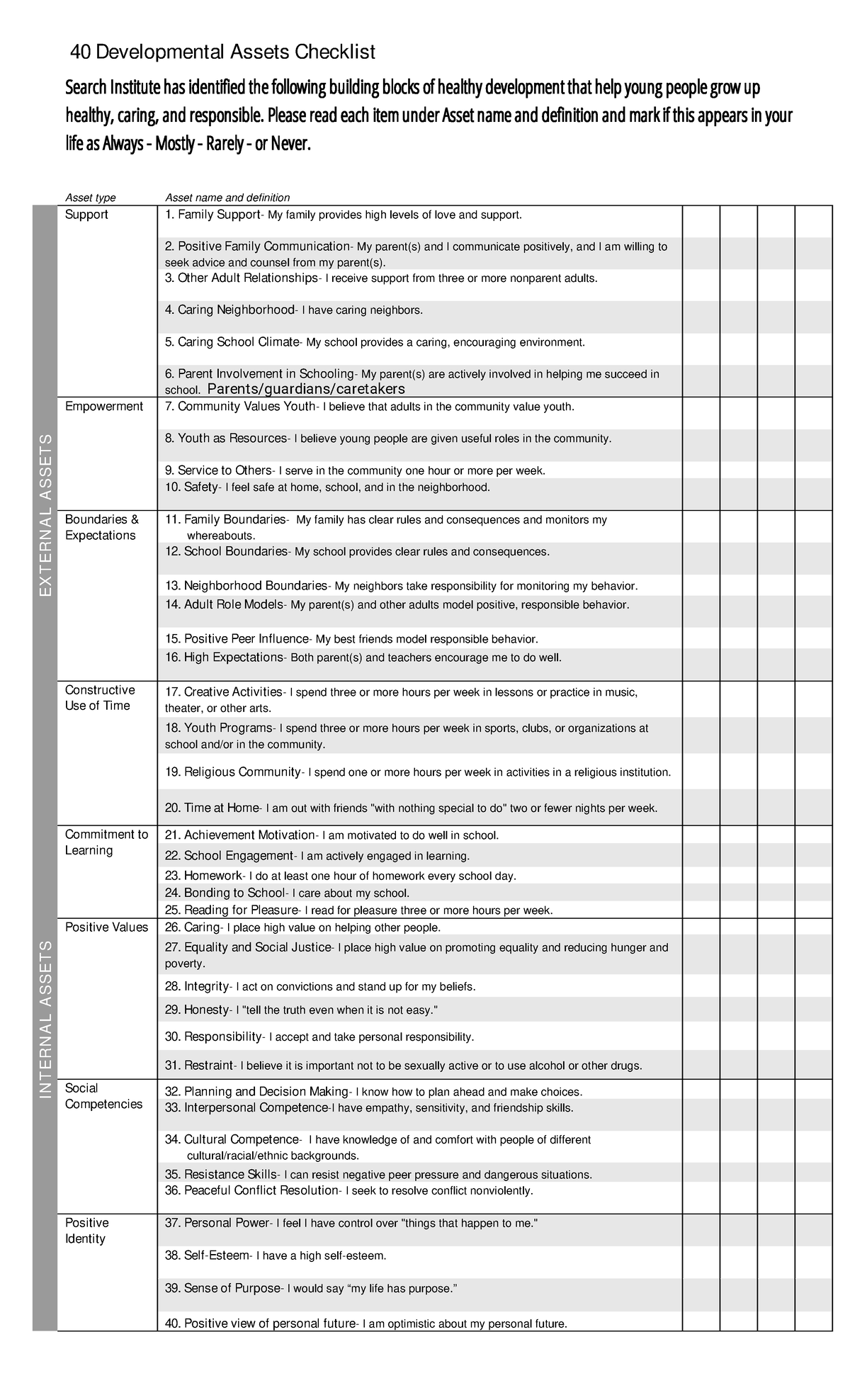 Unit 1 SLT #2 - 40 Development Assets Quiz - 40 Developmental Assets ...