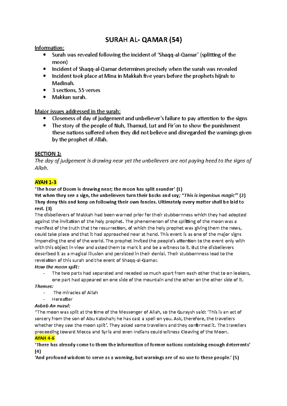Surah al qamar - notes - SURAH AL- QAMAR (54) Information: Surah was ...