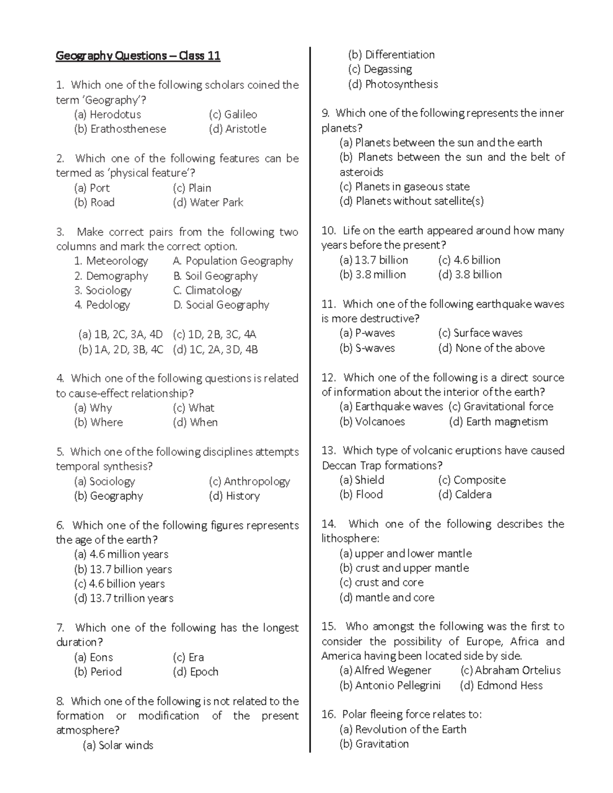 158657778 Geography MCQ Class 11 Geography Questions Class 11 Which