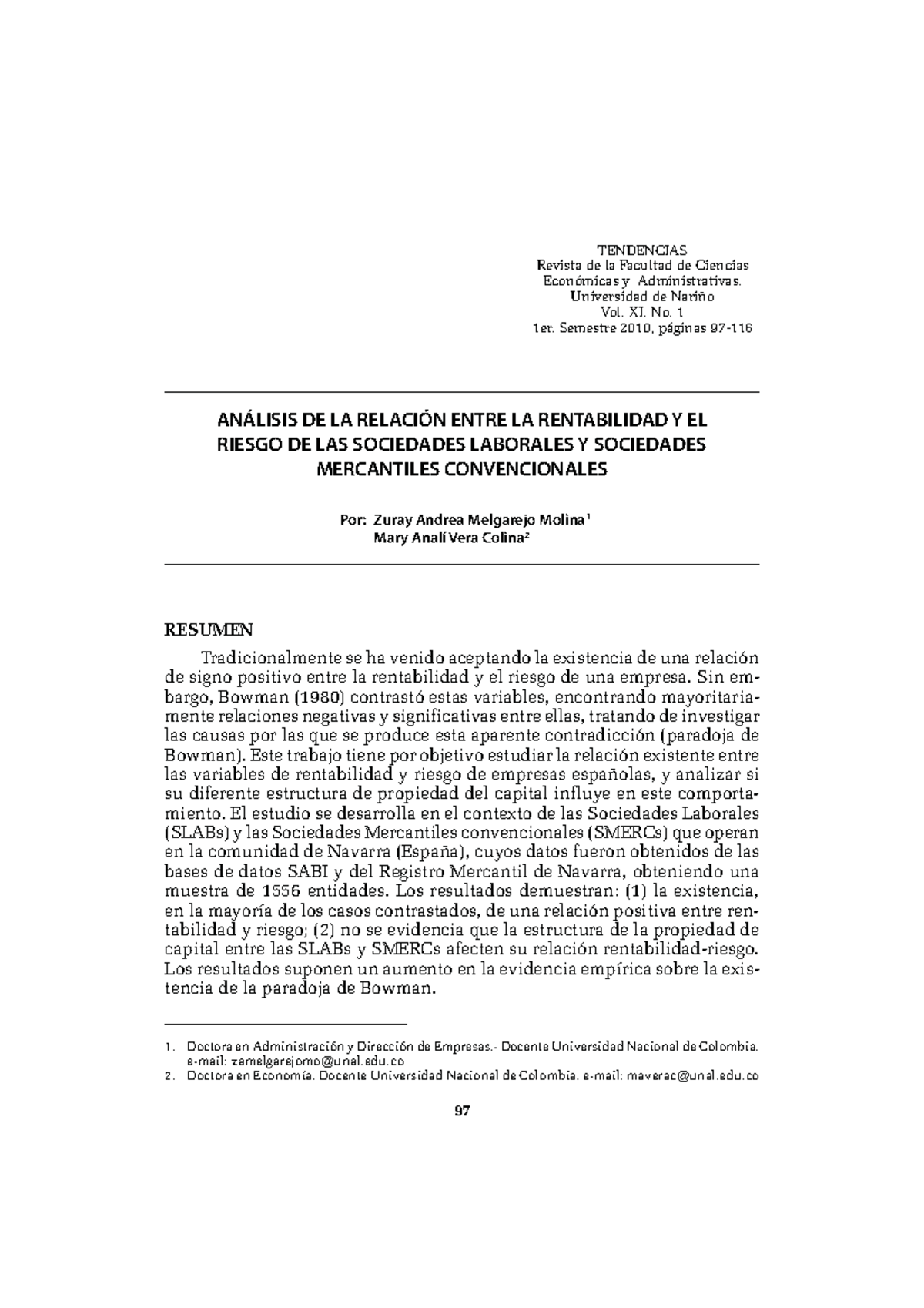 Dialnet Analisis De La Relacion Entre La Rentabilidad Yel Riesgo De Revista Tendencias