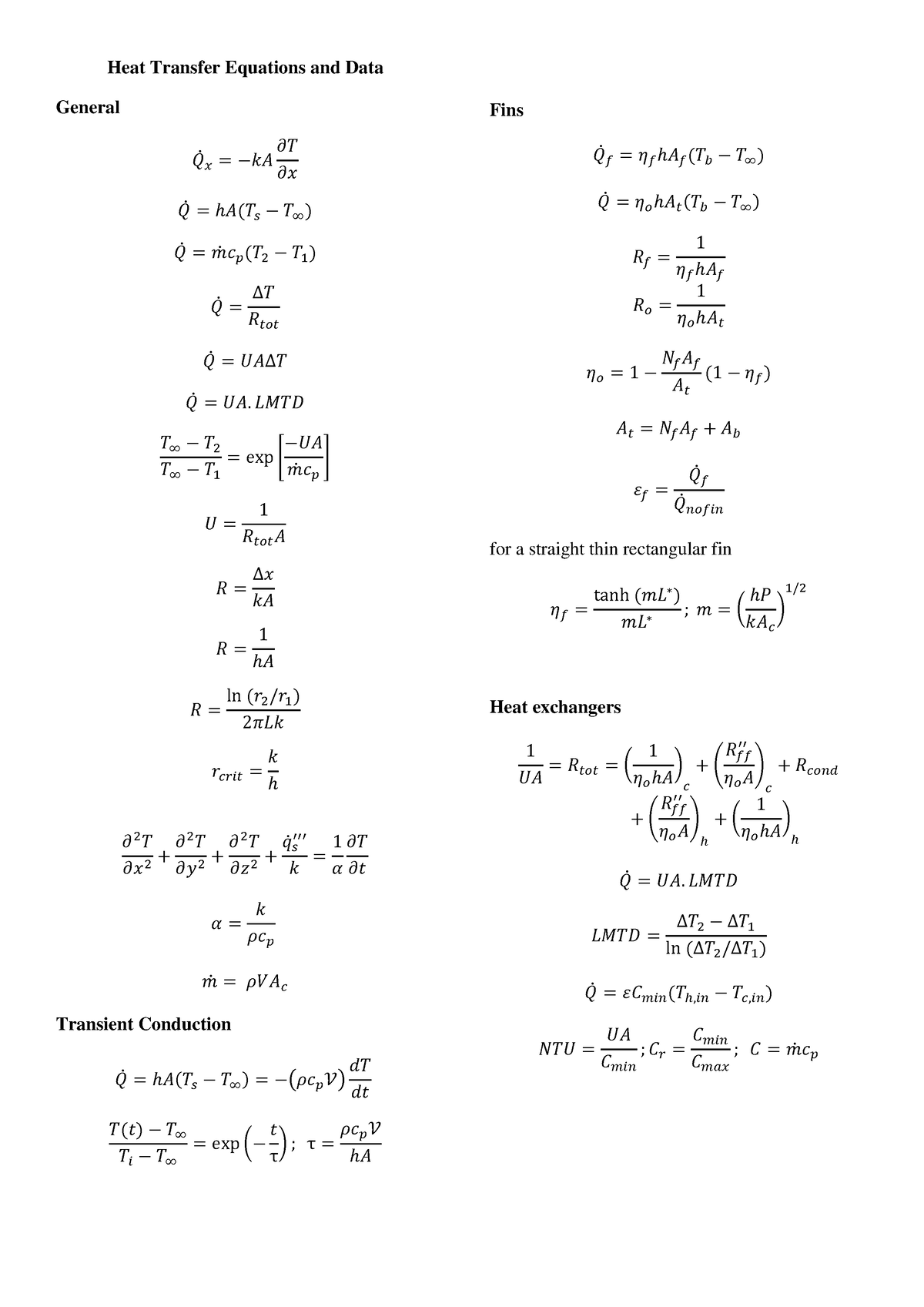 Data Sheet: Heat Transfer Equations - Heat Transfer Equations and Data ...