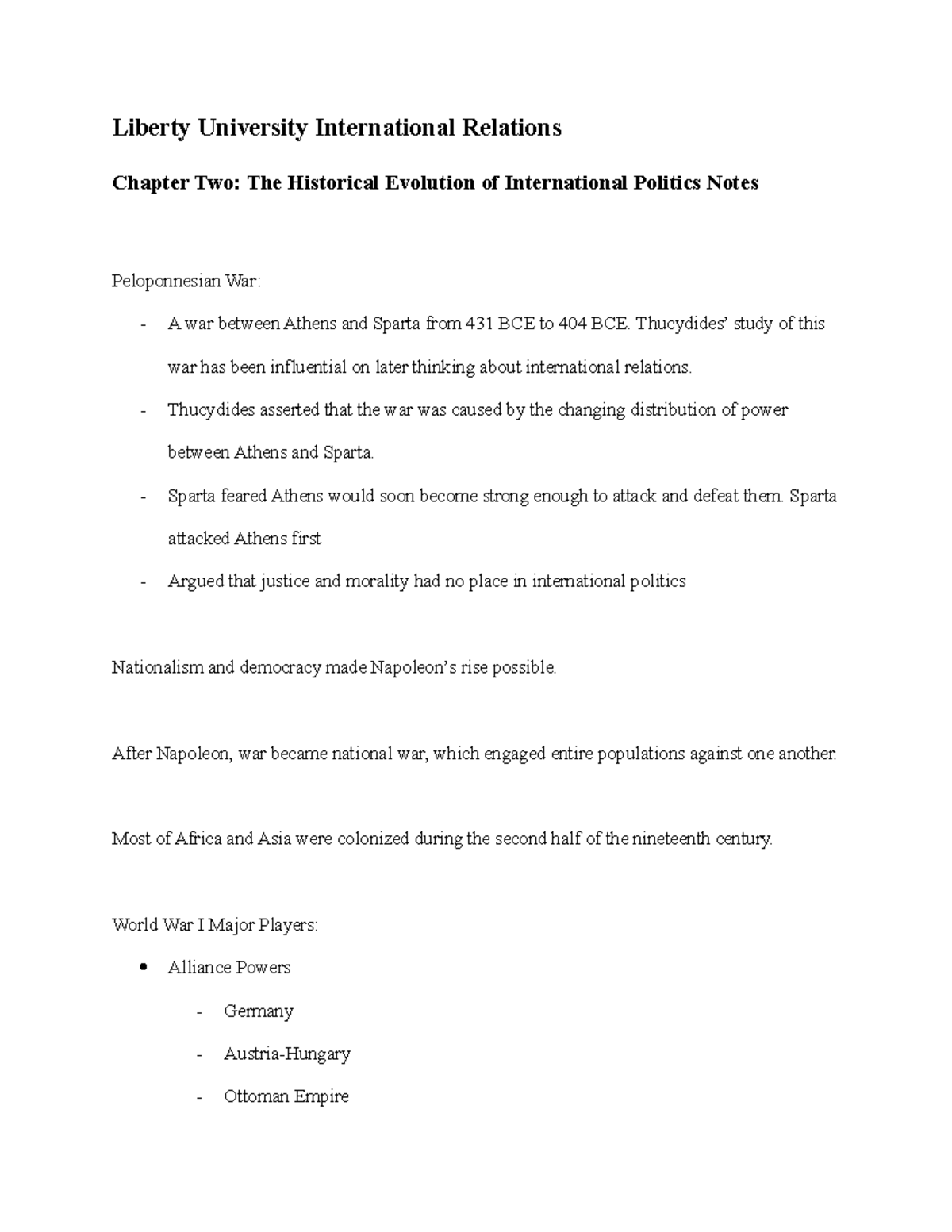 International Relations Chapter Two Notes Liberty University International Relations Chapter Two Notes Liberty University