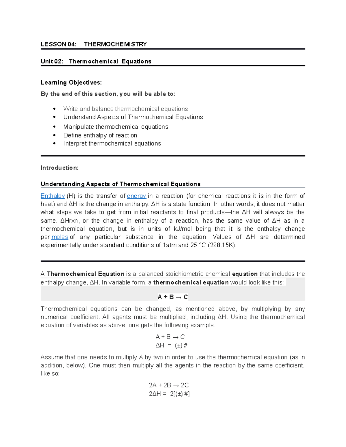 Lesson 04 Thermochem Unit 02 Thermochemical Equations LESSON 04