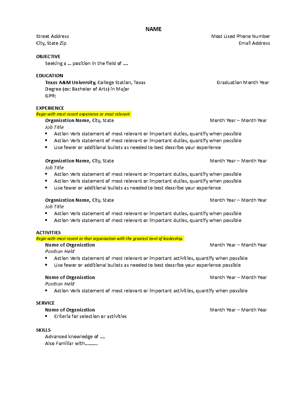 Resume Template 1 - Fx0000000000000000000000 - NAME Street Address Most ...