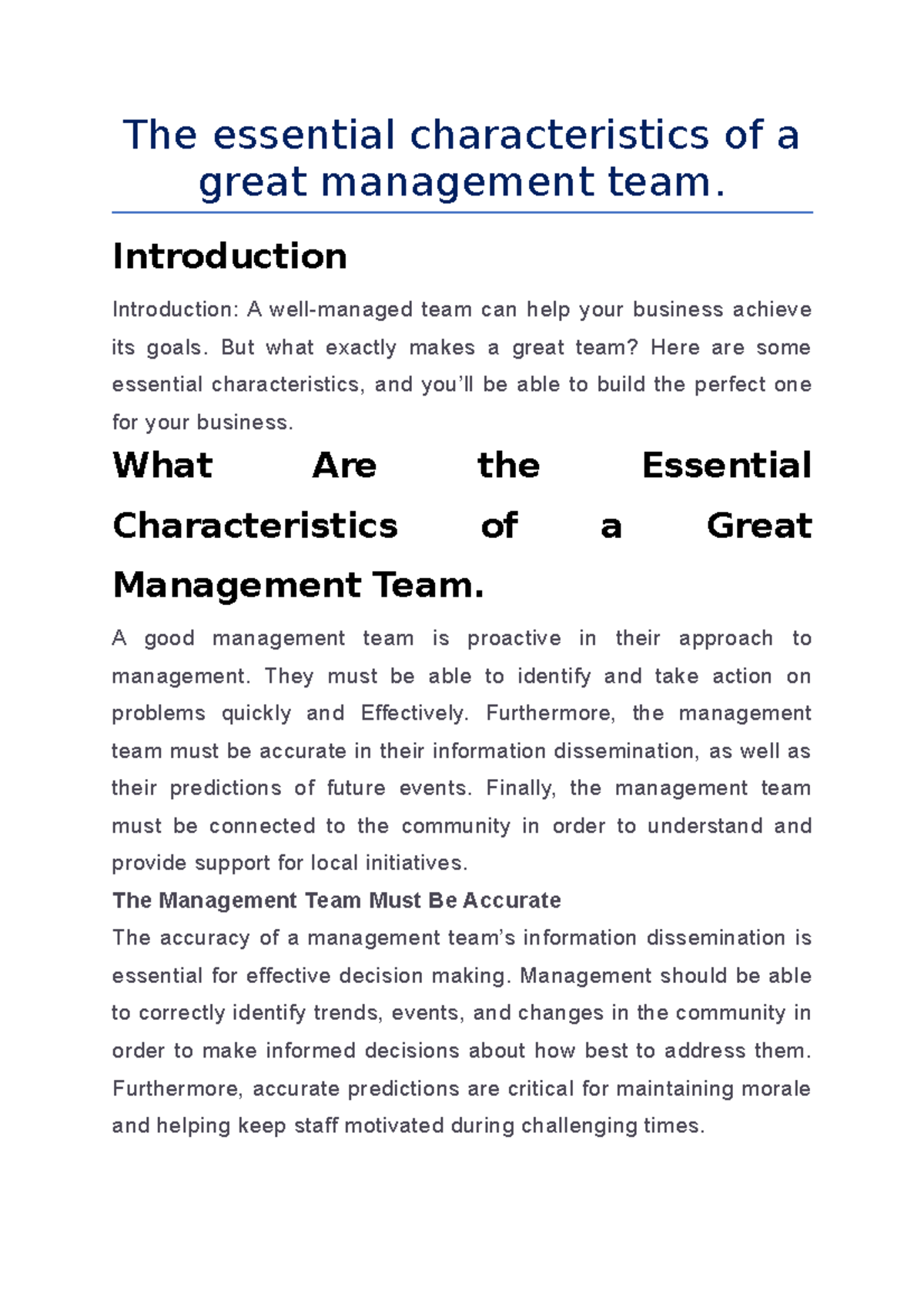 The essential characteristics of a great management team - Introduction ...