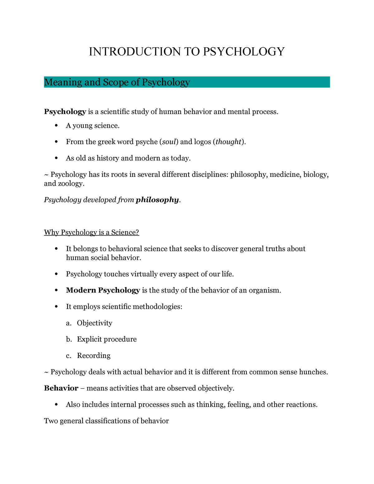 Intro-to-psy - itp - INTRODUCTION TO PSYCHOLOGY Meaning and Scope of ...