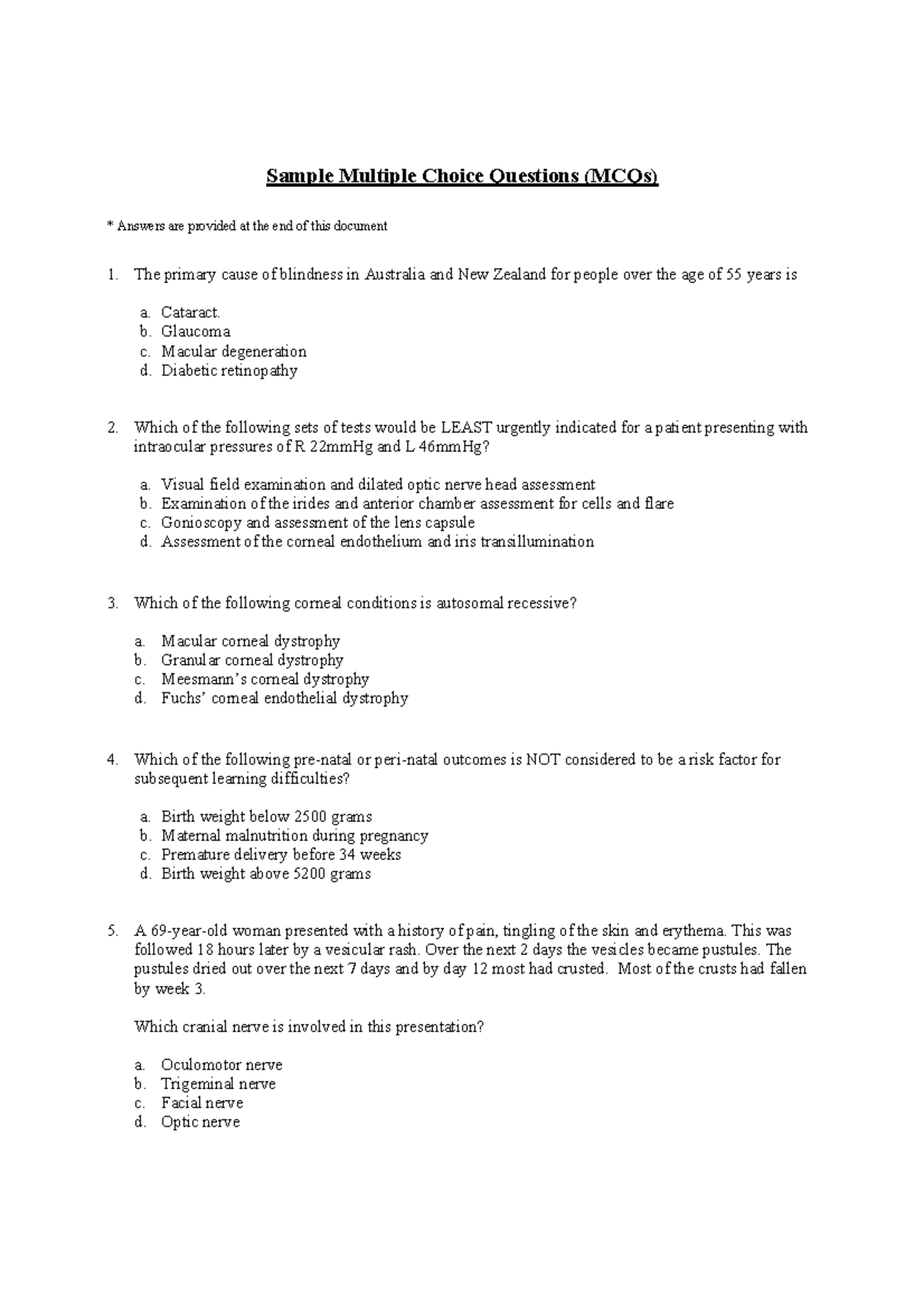 Sample Multiple Choice Questions Cataract. b. c. Macular