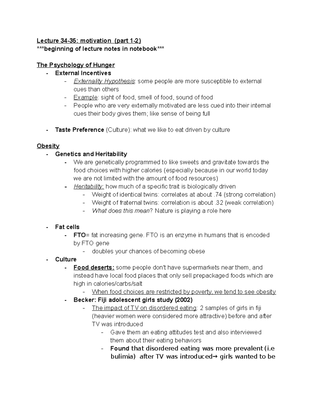 PSYC Exam 3 Lecture Notes - Lecture 34-35: Motivation (part 1-2 ...