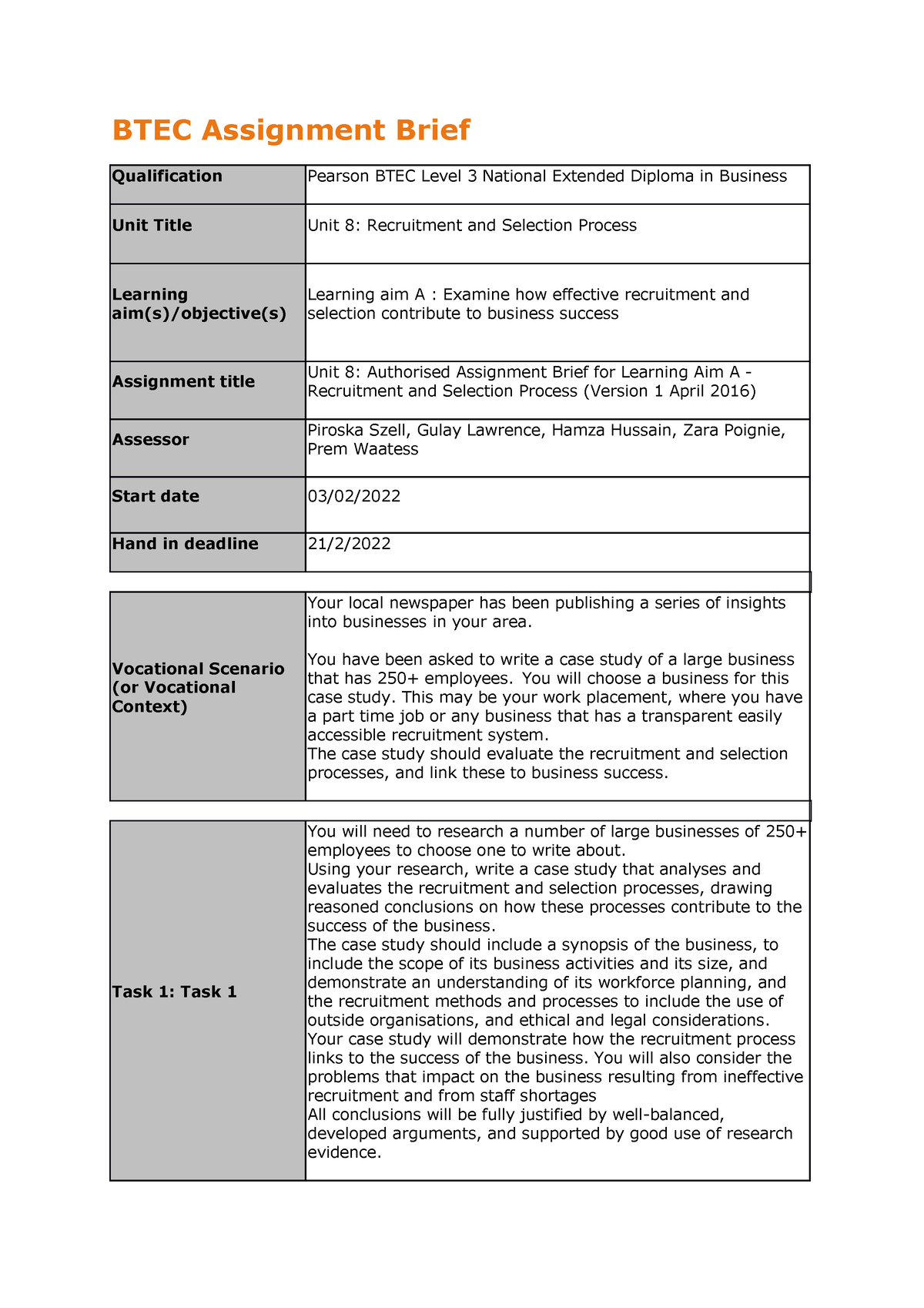 BTEC Assignment Brief BTEC Assignment Brief Qualification Pearson 