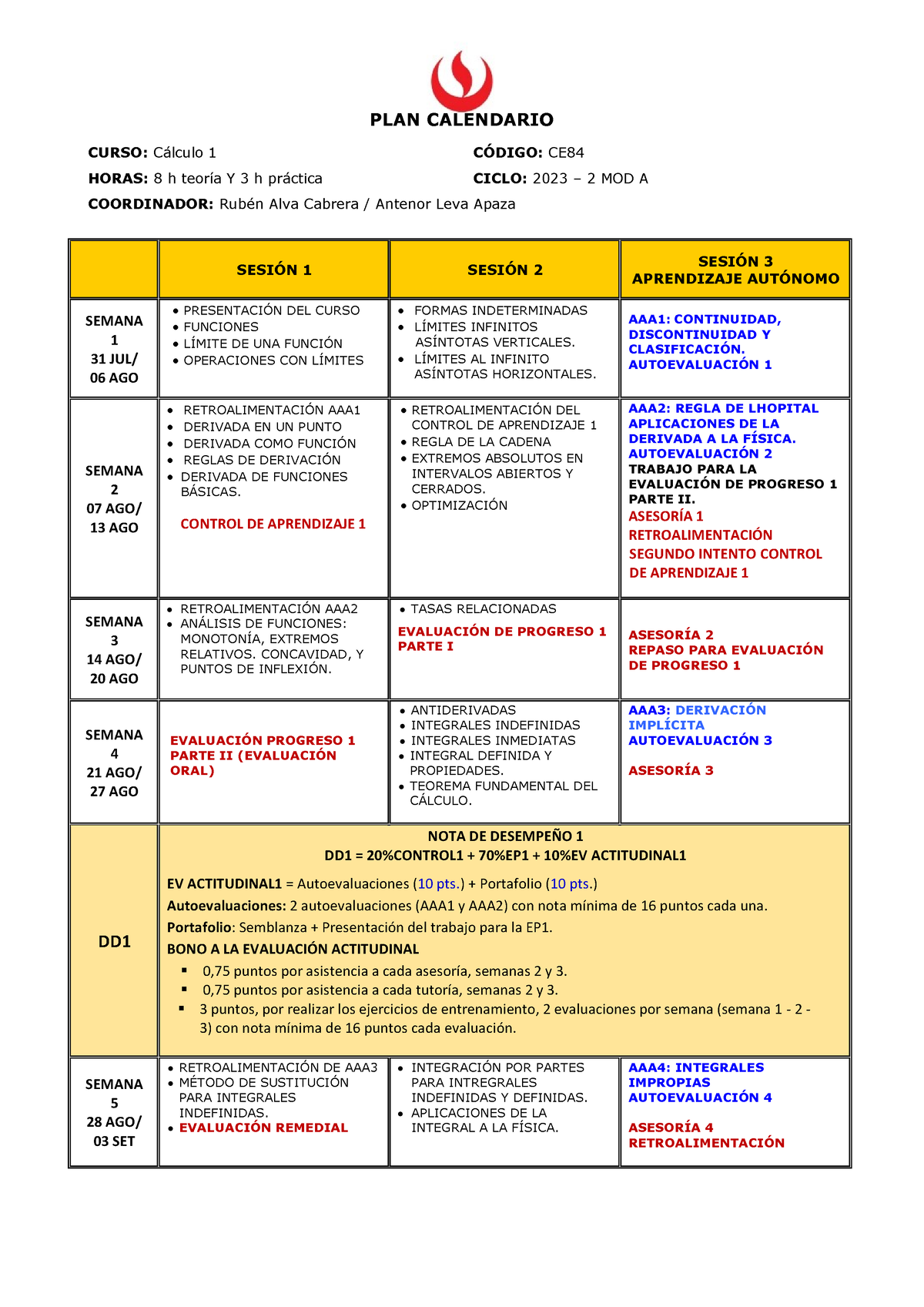 PLAN Calendario - Calculo1 - UPC - Studocu