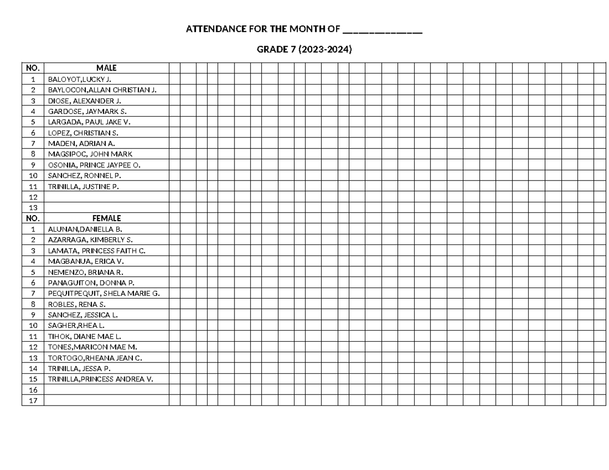 Attendance FOR THE Month OF - ATTENDANCE FOR THE MONTH OF ...