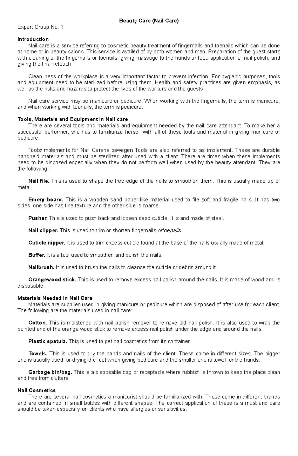 BeautyCare It can be useful. for other's students. Expert Group No